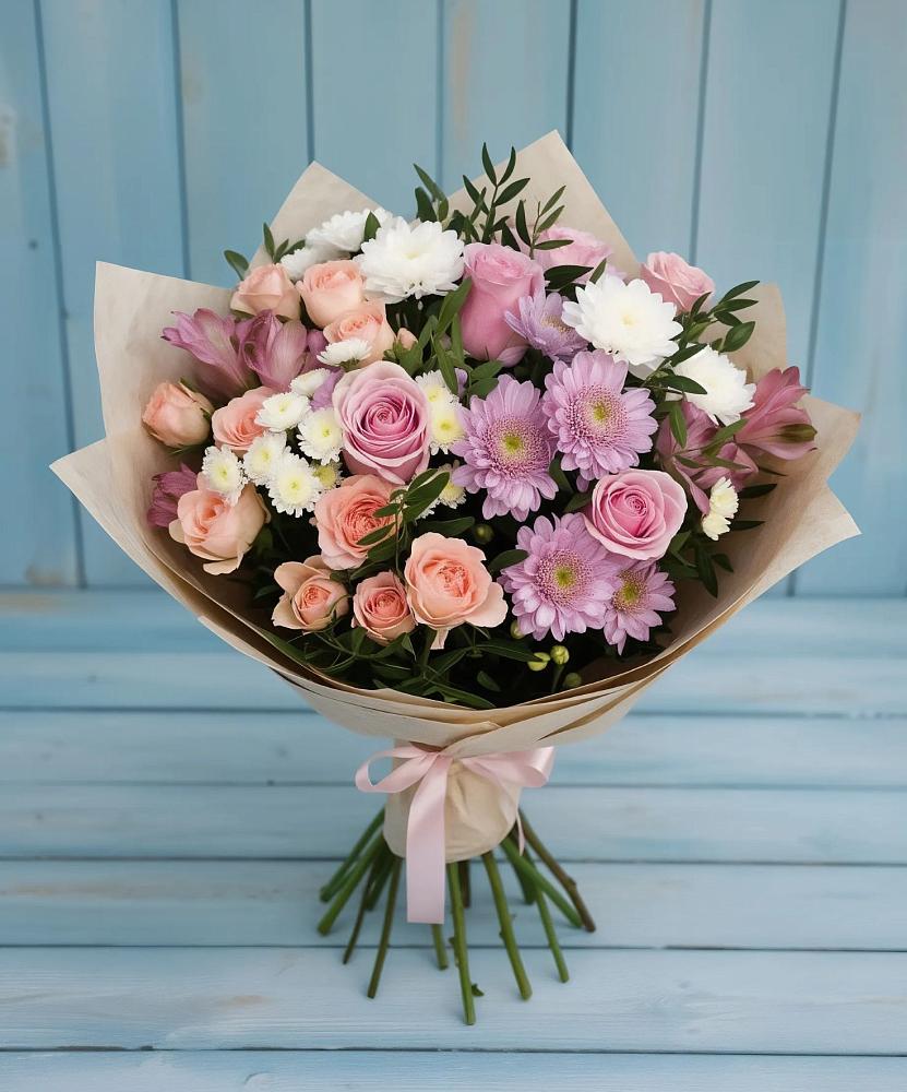 Букет цветов из: Хризантемы, Розы и Альстромерии в Заюково