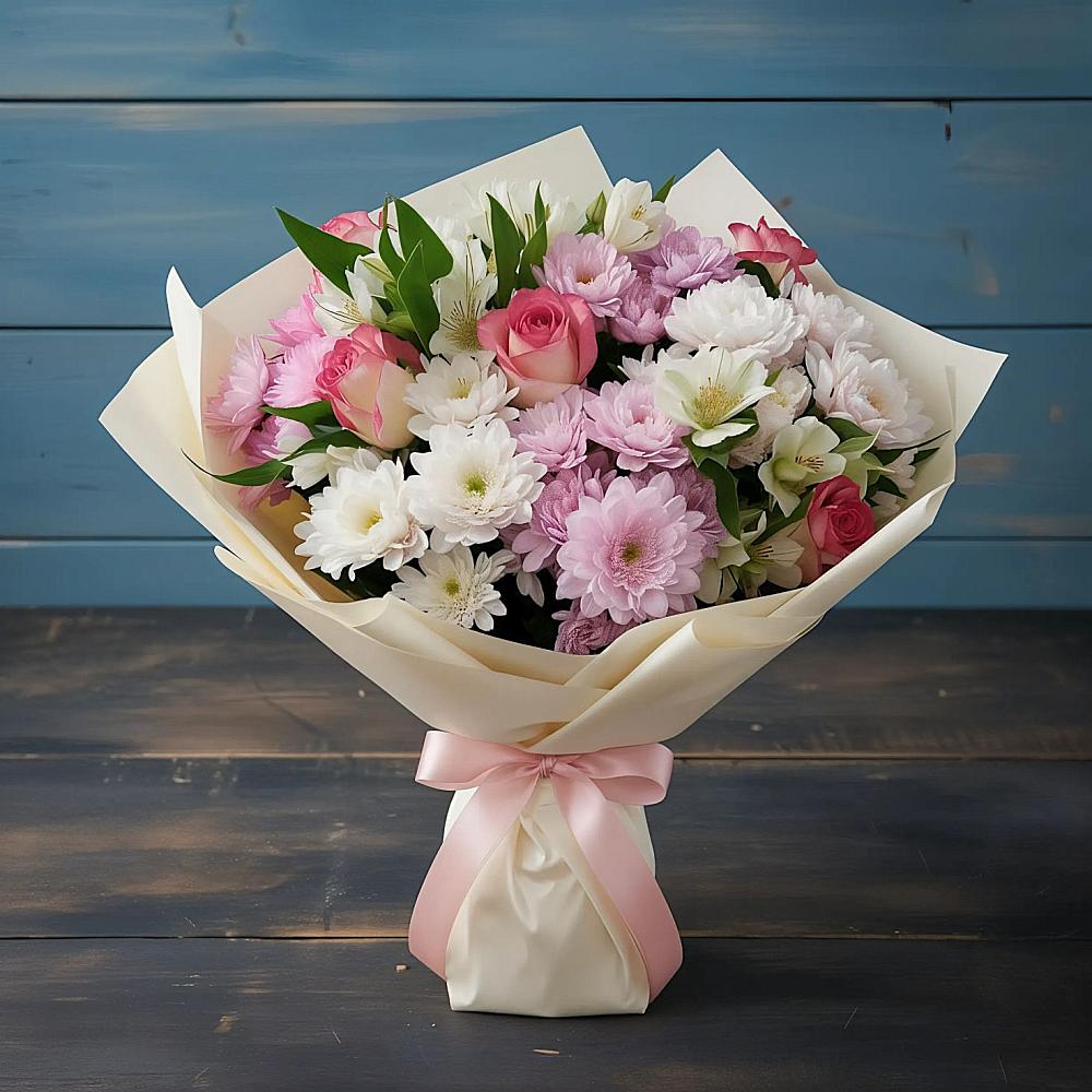 Букет цветов из: Хризантемы, Альстромерии и Розы в Заюково